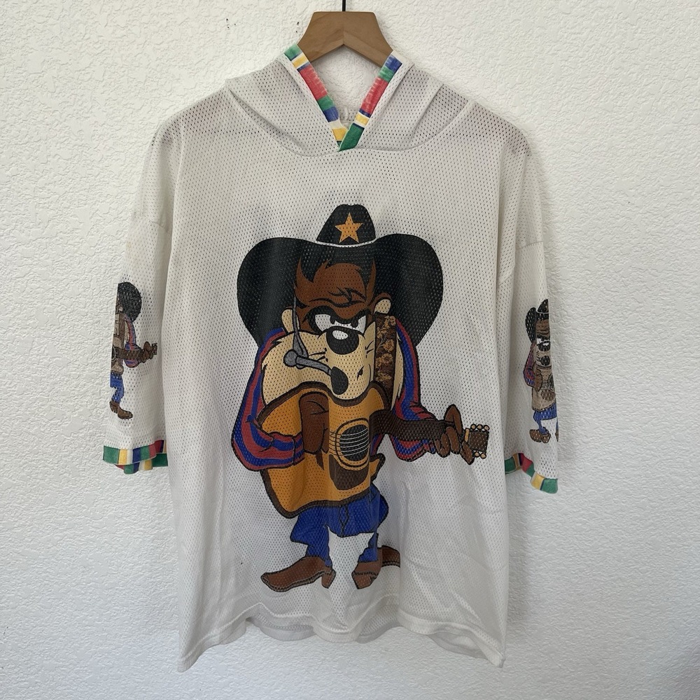 Vintage‎ 90s Looney Tunes Taz Cowboy Guitar Mesh Hoodie Jersey